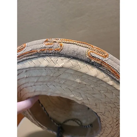 Vintage Straw Hat Woven With Design Embroidered Orange‎ Yellow Small 7" Opening - Picture 9 of 16